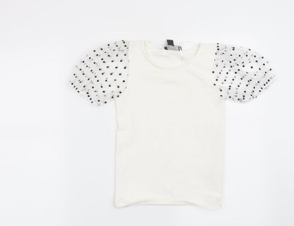 Front view of Primark women’s white polka dot basic blouse, size UK 4