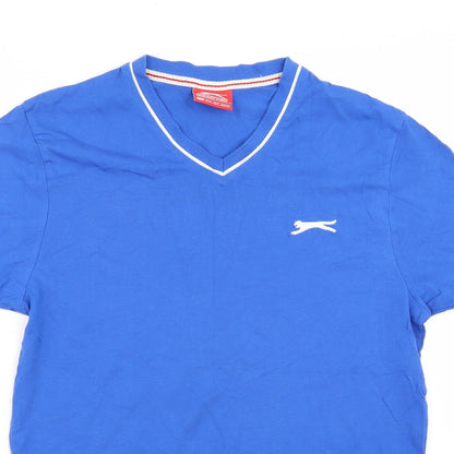 Close-up detail of Slazenger women’s blue basic t-shirt, size S