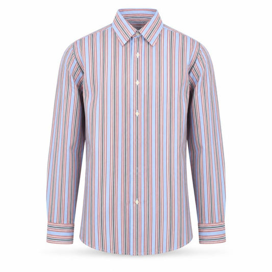 Front view of Gap men’s blue striped button-up, size S