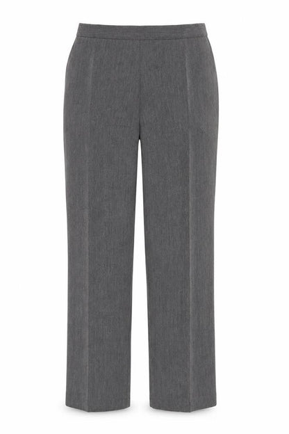 Front view of Preworn women’s grey trousers, size UK 34, in, 29-inch leg