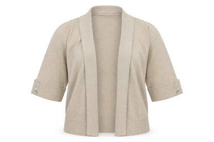 Front view of BHS women’s beige cardigan jumper, size UK 10