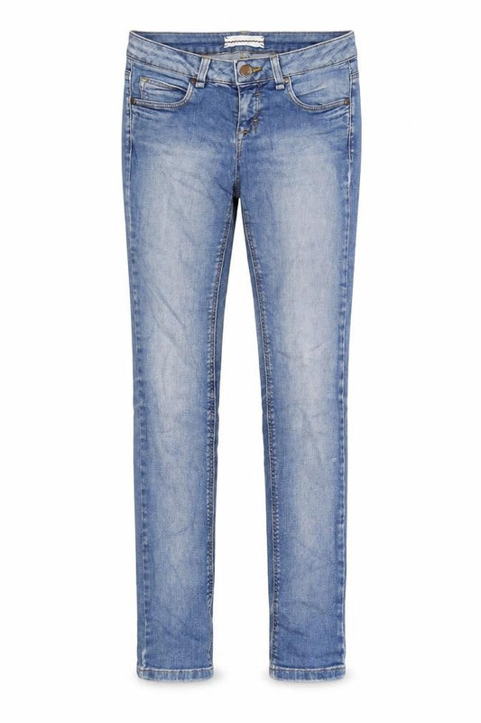 Front view of women’s blue denim skinny jeans, size UK 28, in, 34-inch leg