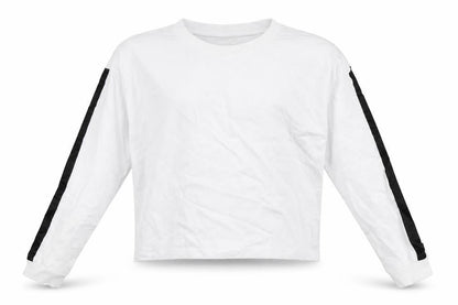 Front view of H&M girls’ white striped pullover sweatshirt, size 13-14, years