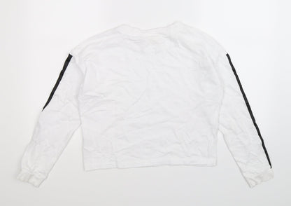 Back view of H&M girls’ white striped pullover sweatshirt, size 13-14, years