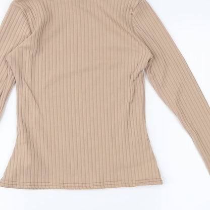 Brand and care label for Nasty Gal women’s brown basic blouse, size UK 4