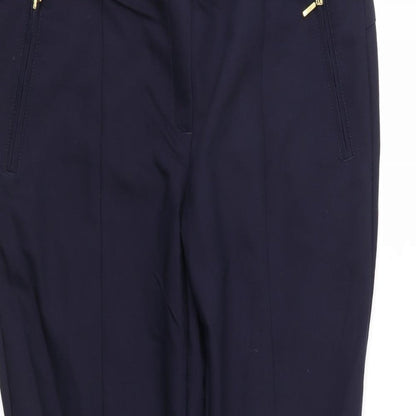 Close-up detail of Definitions women’s blue trousers, size UK 12, 26-inch leg
