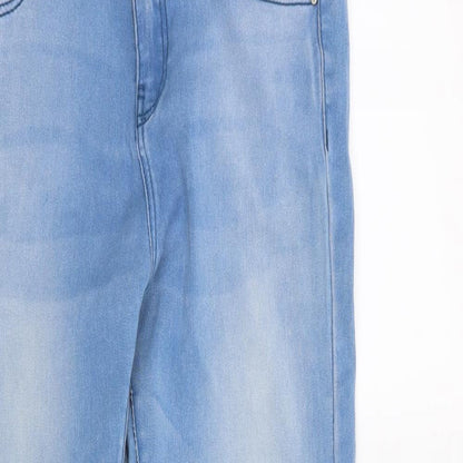 Close-up detail of Denim & Co. women’s blue straight jeans, size UK 8, 26-inch leg