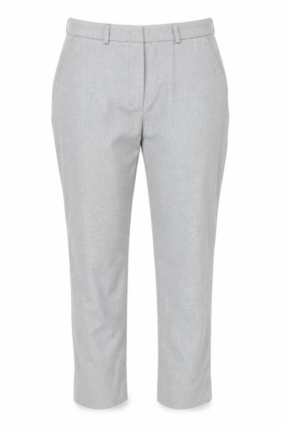 Front view of Preworn women’s grey trousers, size UK 30, in, 26-inch leg