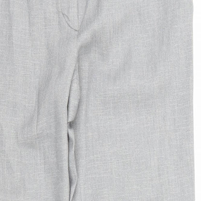 Close-up detail of Preworn women’s grey trousers, size UK 30, in, 26-inch leg