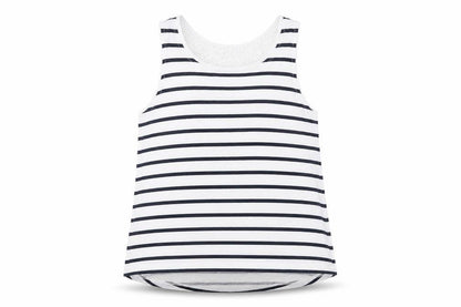 Front view of H&M girls’ blue striped basic tank, size 7-8, years