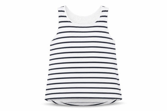 Front view of H&M girls’ blue striped basic tank, size 7-8, years