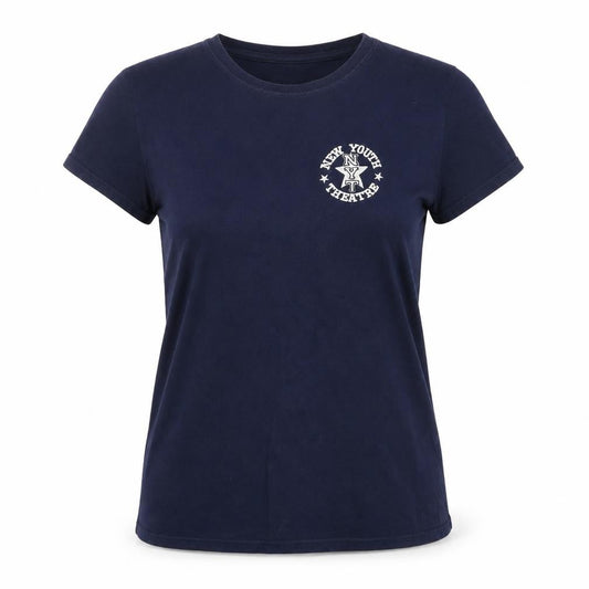 Front view of ring spun women’s blue basic t-shirt, size L, - new youth theatre