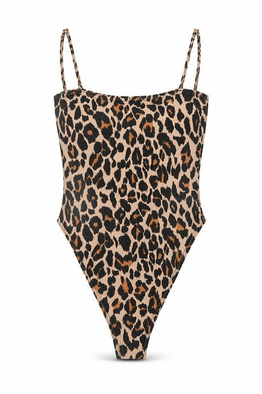 Front view of Boohoo women’s beige animal print bodysuit one-piece, size UK 8