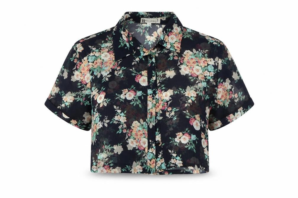 heart & bows Womens Blue Floral  Cropped Button-Up Size 10