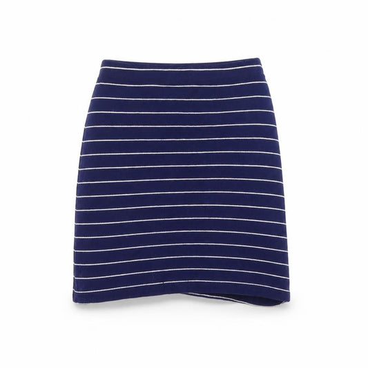 Front view of PRETTYLITTLETHING women’s blue striped mini skirt, size UK 6
