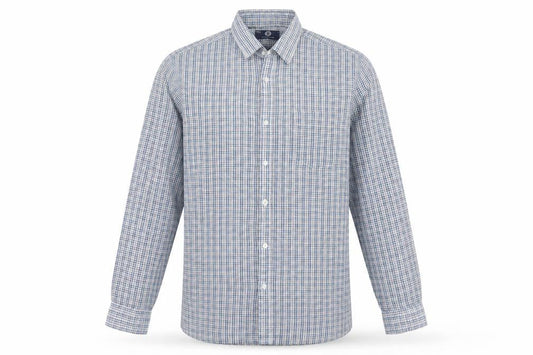Front view of C&A men’s multicoloured check button-up, size M