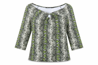 Front view of Dorothy Perkins women’s green animal print basic blouse, size UK 14