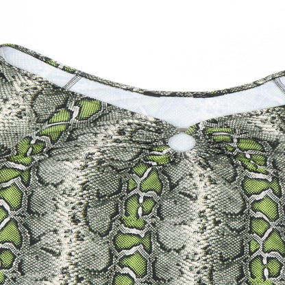 Close-up detail of Dorothy Perkins women’s green animal print basic blouse, size UK 14