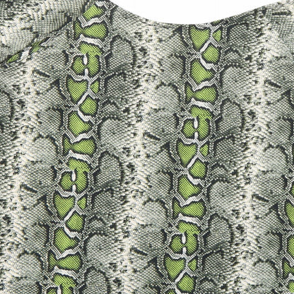 Brand and care label for Dorothy Perkins women’s green animal print basic blouse, size UK 14