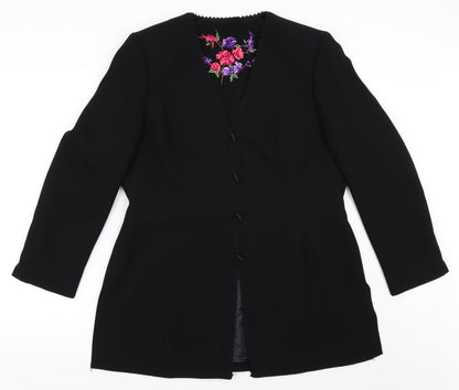 Front view of Preworn women’s black jacket blazer, size UK 14