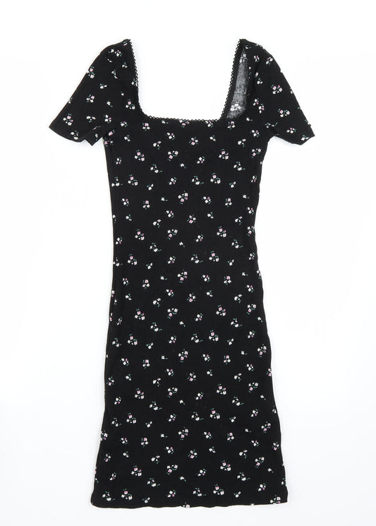 H&M Womens Black Floral Rayon A-Line  Size XS