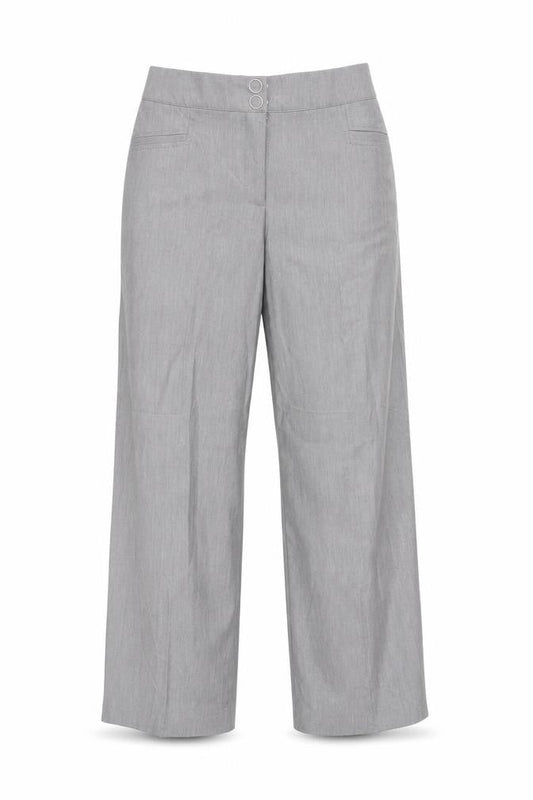 Front view of Preworn women’s grey trousers, size UK 32, in, 27-inch leg