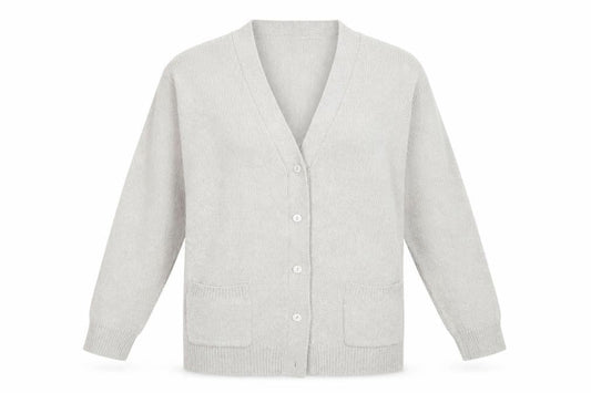 Front view of Damart women’s grey cardigan jumper, size UK 14