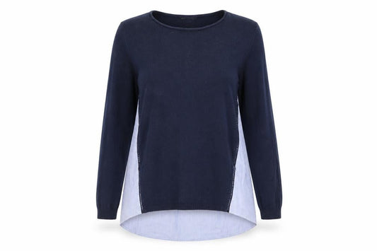 Front view of Warehouse women’s blue striped knit jumper, size UK 12