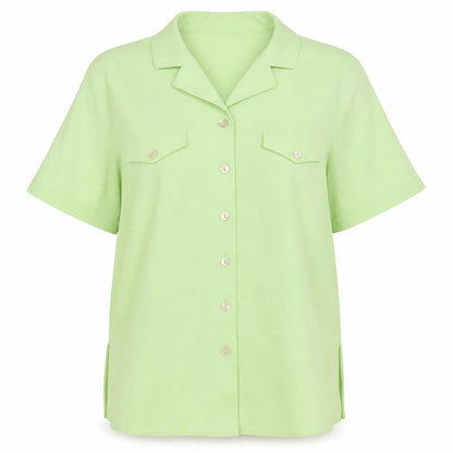 Front view of Design Essentials women’s green basic button-up, size UK 14