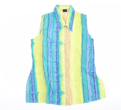 Additional front view of Your Sixth Sense women’s blue striped basic button-up, size UK 16