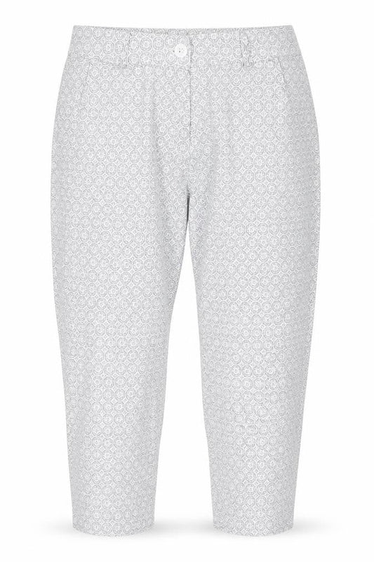 Front view of Preworn women’s grey paisley capri trousers, size M, 22-inch leg