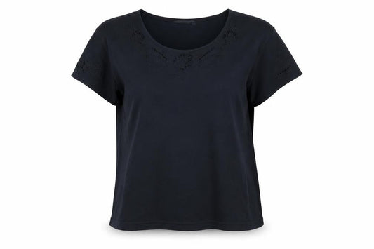 Front view of Emerco women’s black basic t-shirt, size UK 20