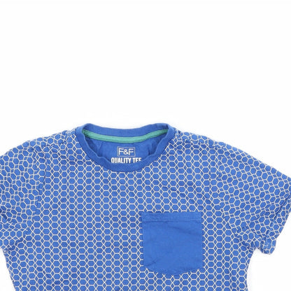 Close-up detail of F&F boys’ blue striped basic t-shirt, size 7-8, years