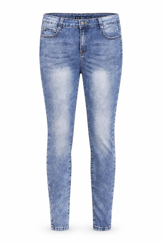 Front view of women’s blue denim skinny jeans, size UK 38, 29-inch leg