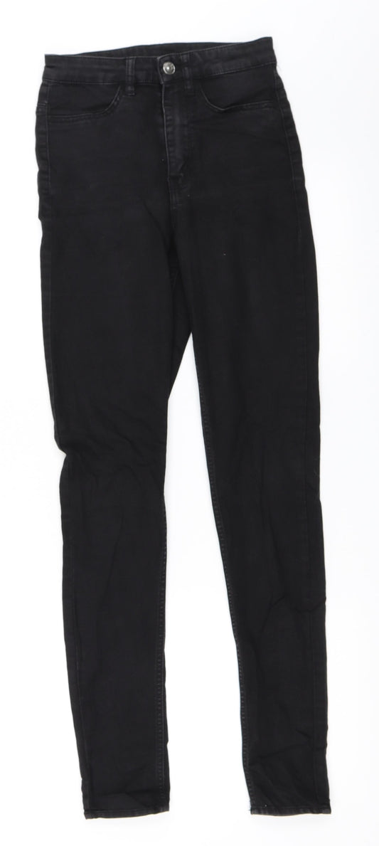 Front view of H&M women’s black skinny jeans, size UK 32, 30-inch leg