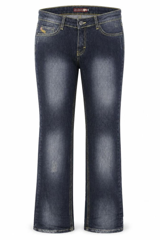 Front view of women’s blue denim straight jeans, size UK 29, in, 33-inch leg