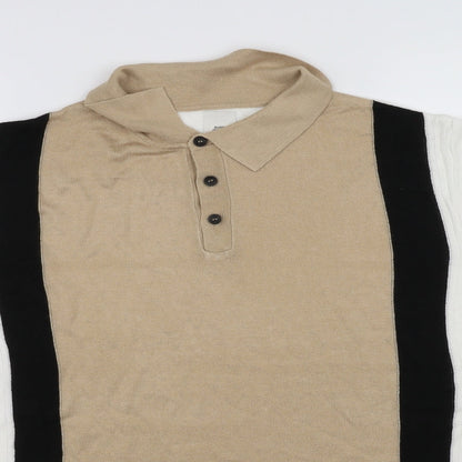 Close-up detail of rriver island women’s beige striped basic polo, size L
