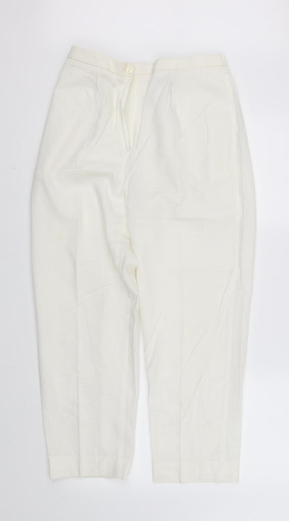 Additional front view of pre worn women’s silver trousers, size UK 14, 28-inch leg