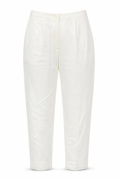 Front view of pre worn women’s silver trousers, size UK 14, 28-inch leg