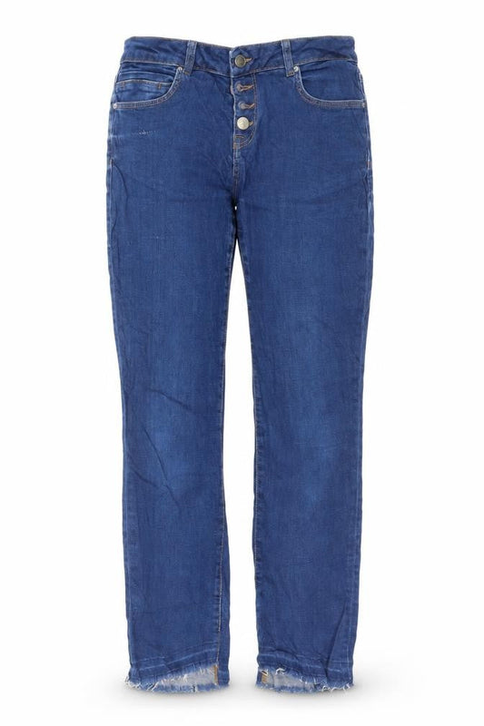 Front view of women’s blue straight jeans, size UK 28, in, 25-inch leg