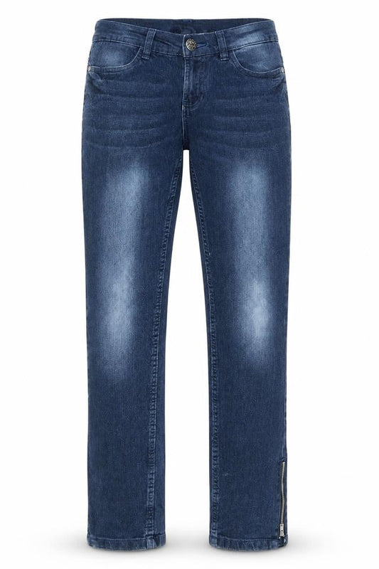 Front view of YFK women’s blue straight jeans, size UK 28, in, 26-inch leg