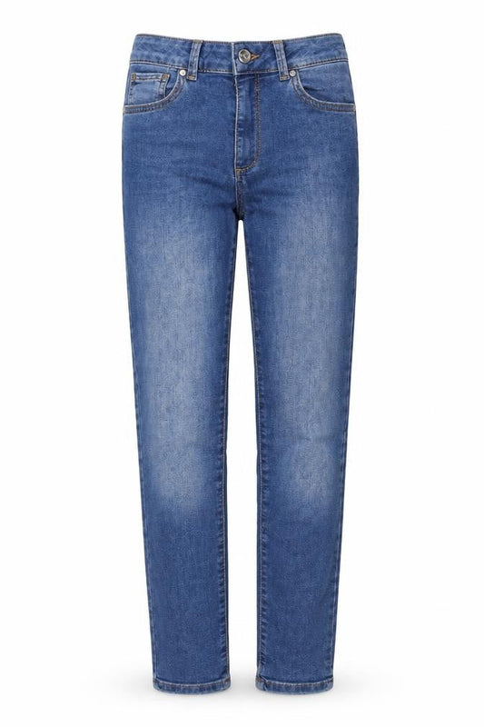 Front view of women’s blue straight jeans, size UK 23, in, 29-inch leg