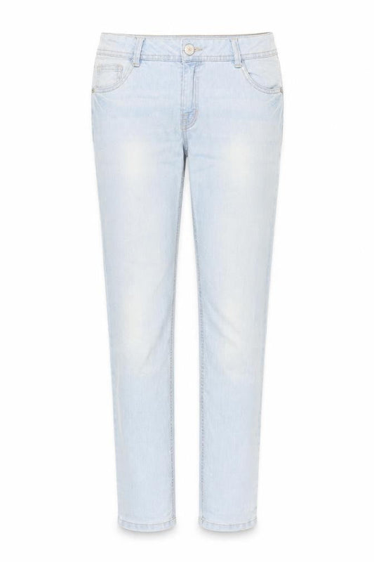 Front view of women’s blue straight jeans, size UK 31, in, 29-inch leg