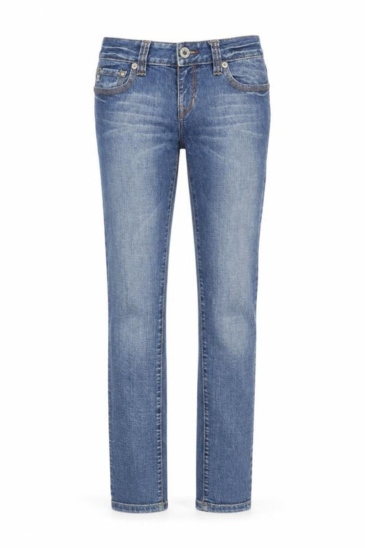 Front view of women’s blue skinny jeans, size UK 29, in, 34-inch leg