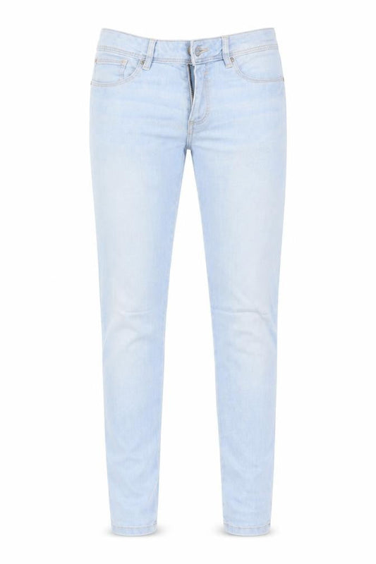 Front view of women’s blue skinny jeans, size UK 30, in, 29-inch leg