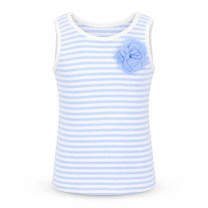 Front view of Matalan girls’ blue striped jersey basic tank, size 3-4, years