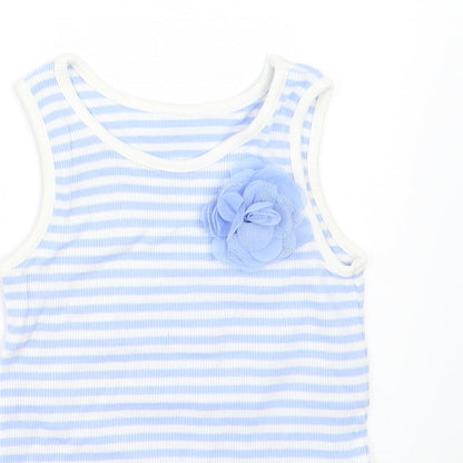 Close-up detail of Matalan girls’ blue striped jersey basic tank, size 3-4, years