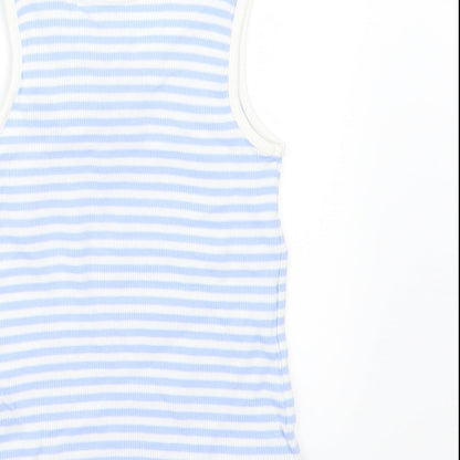 Brand and care label for Matalan girls’ blue striped jersey basic tank, size 3-4, years