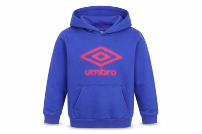 Front view of Umbro boys’ blue pullover hoodie, size S