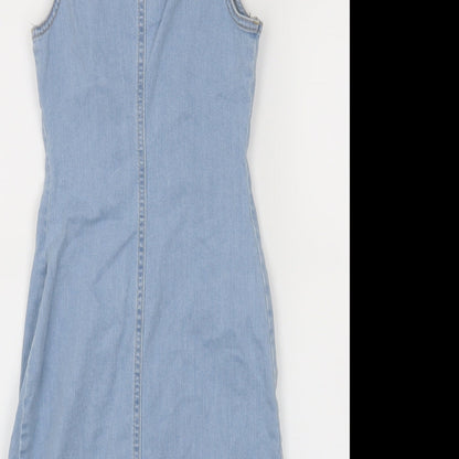 Brand and care label for Missguided women’s blue a-line, size UK 4